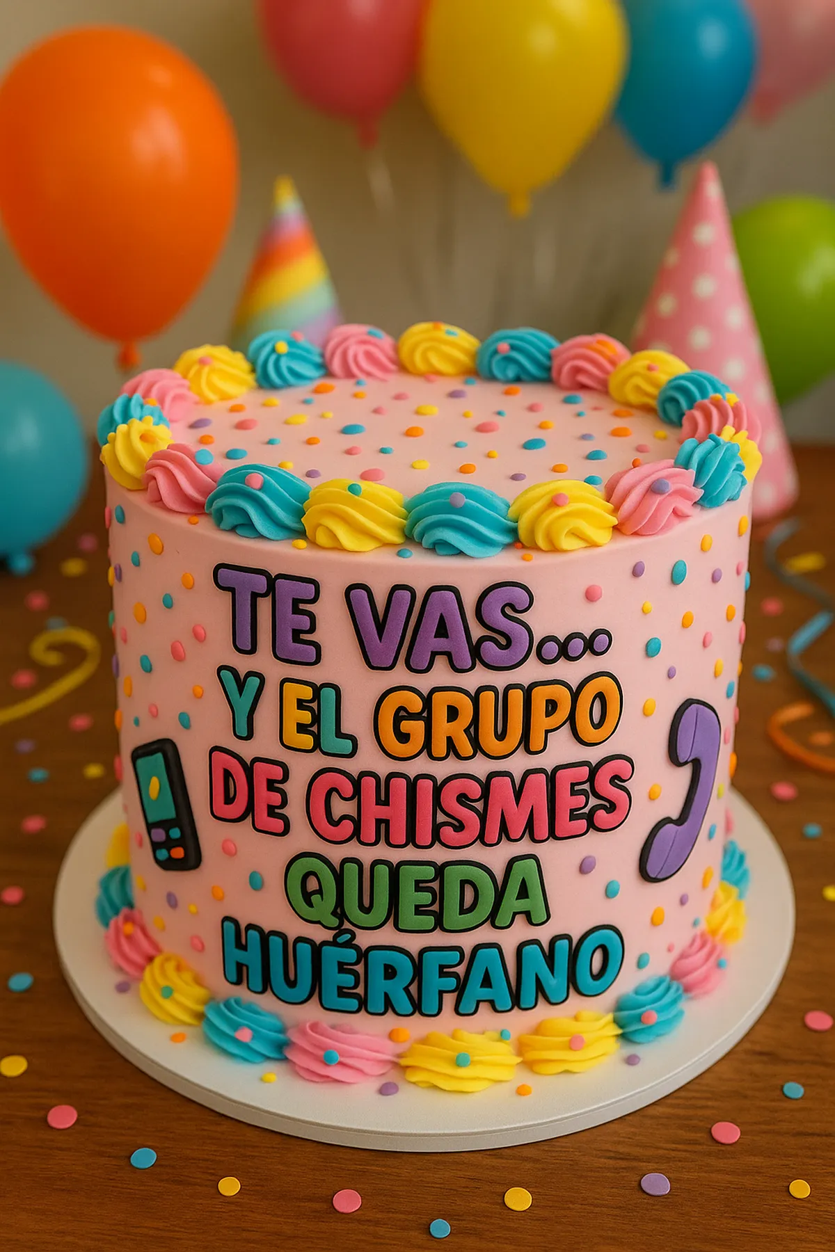 Torta con el mensaje «Te vas y el grupo de chismes queda huérfano» · Marce Cupcakes Manizales