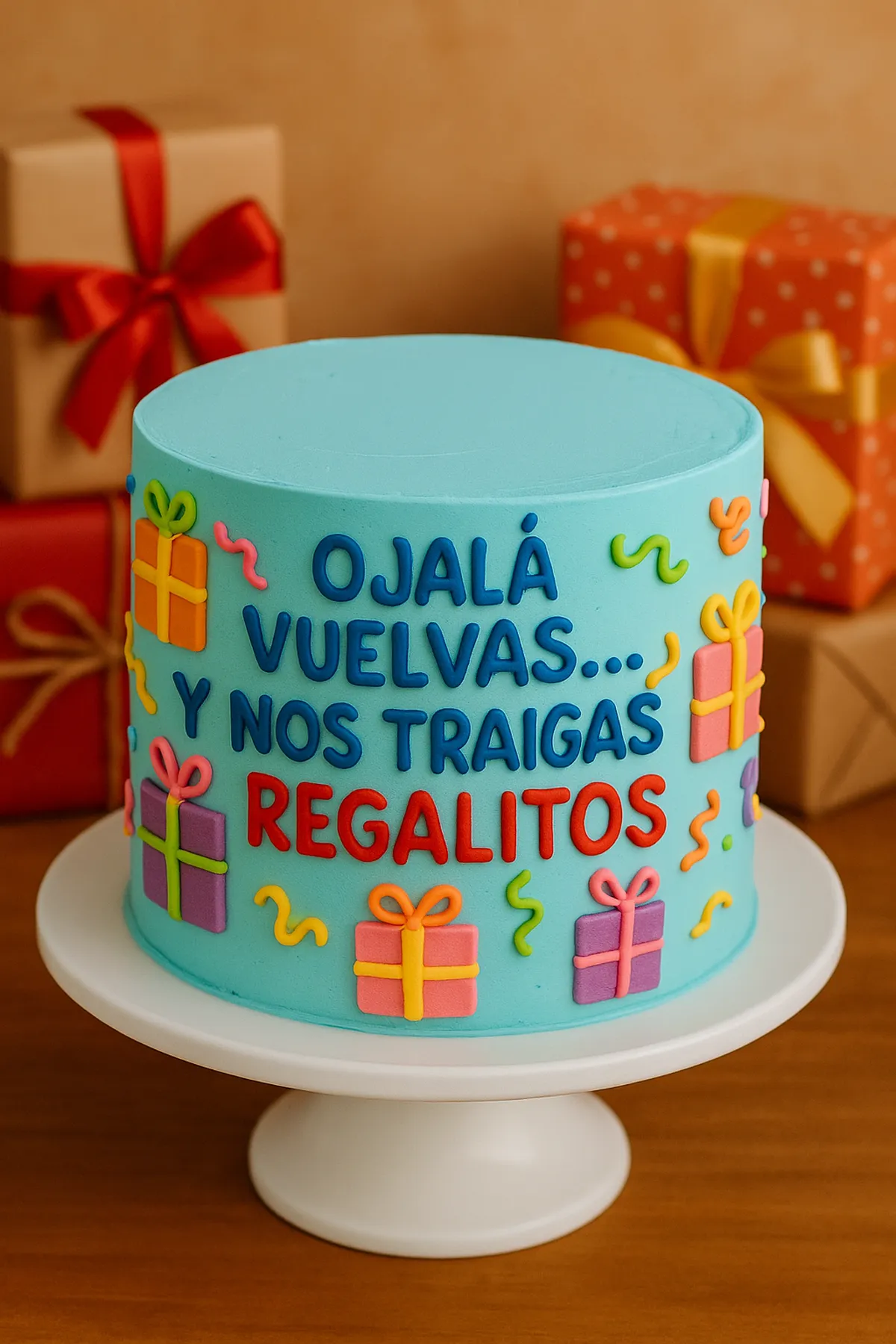 Torta con el mensaje «Ojalá vuelvas… y nos traigas regalitos» · Marce Cupcakes Manizales