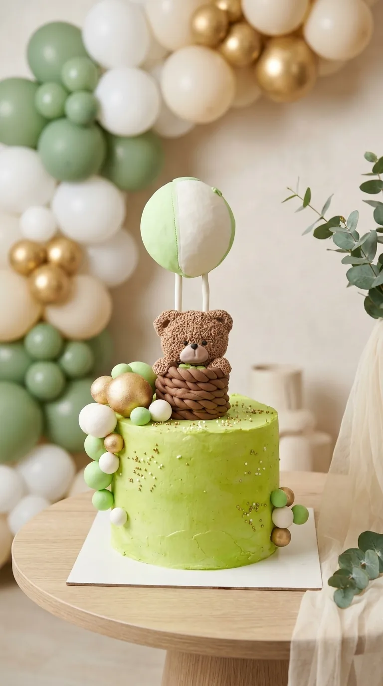 Torta de baby shower con osito y globo aerostático hecha en Manizales por Marce Cupcakes