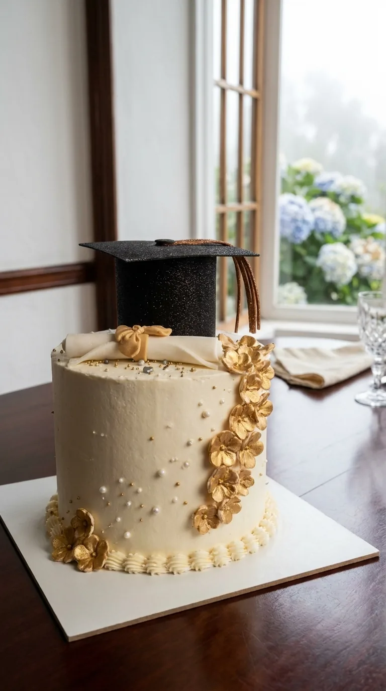 Torta de grado marfil con detalles dorados y birrete hecha en Manizales por Marce Cupcakes