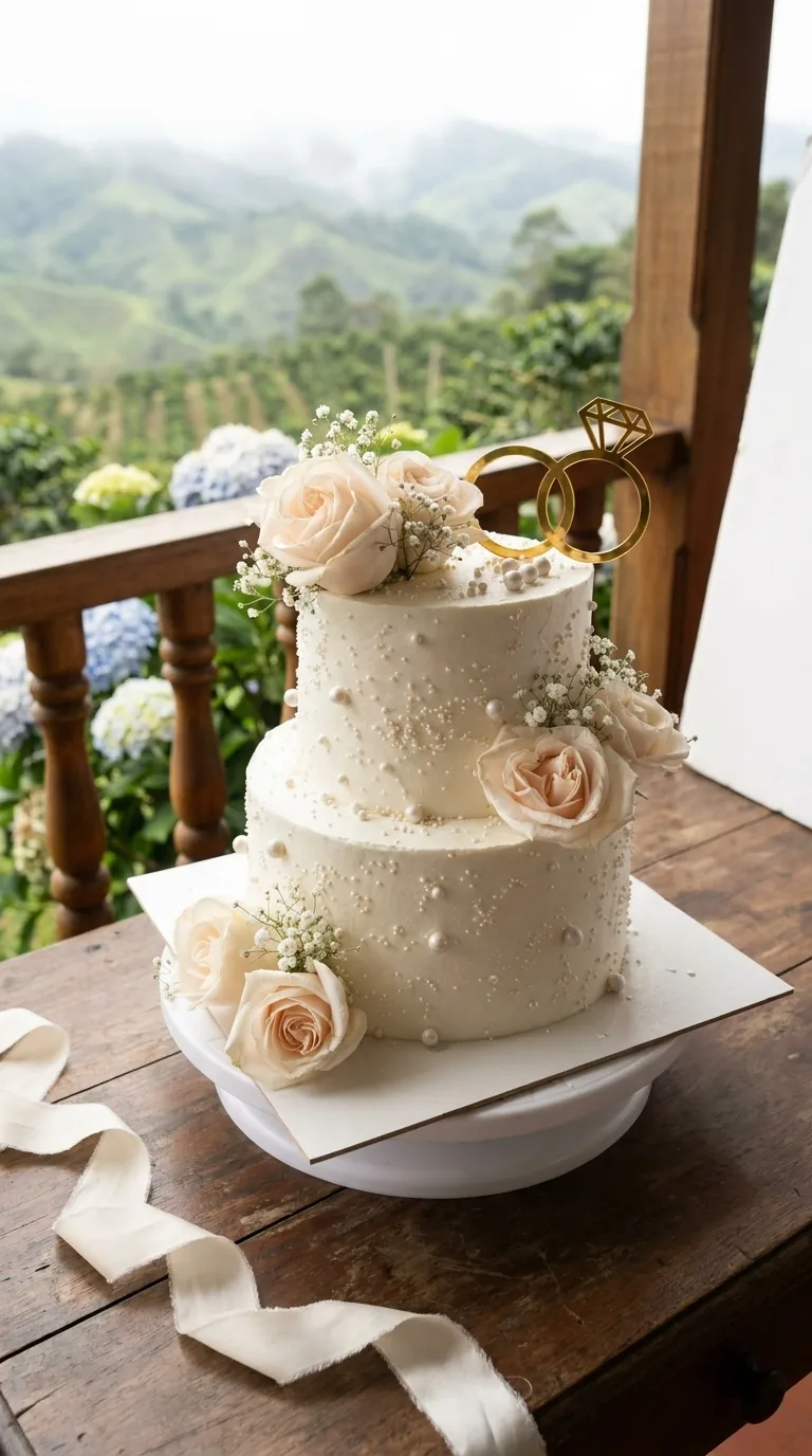 Torta de matrimonio de dos pisos con flores hecha en Manizales por Marce Cupcakes
