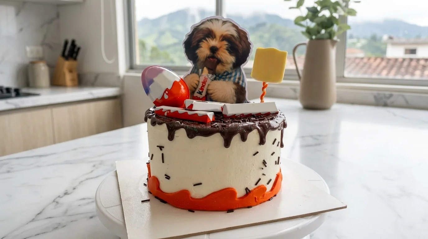 Torta de cumpleaños con drip de chocolate y mascota modelada en Manizales