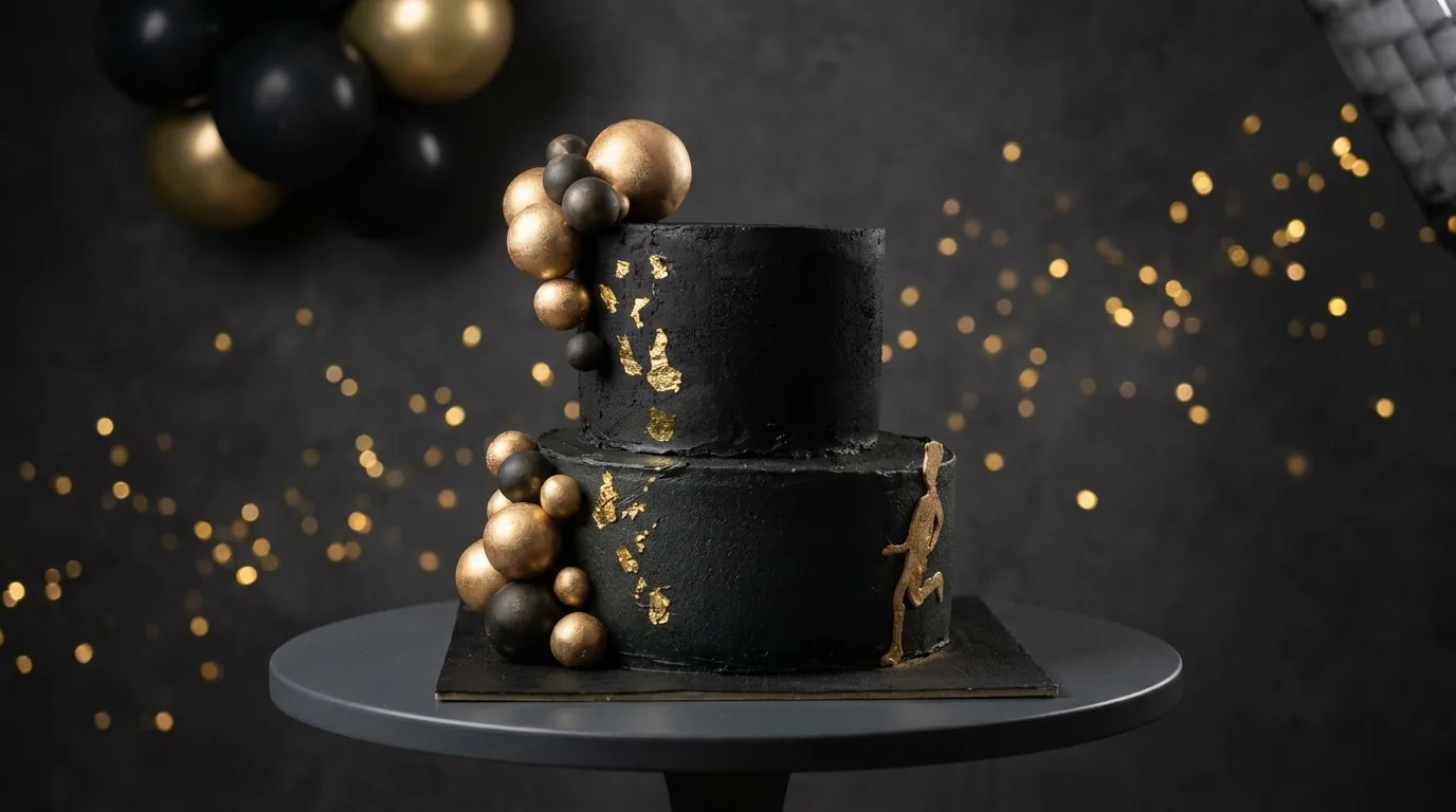 Torta de cumpleaños elegante negra y dorada en Manizales
