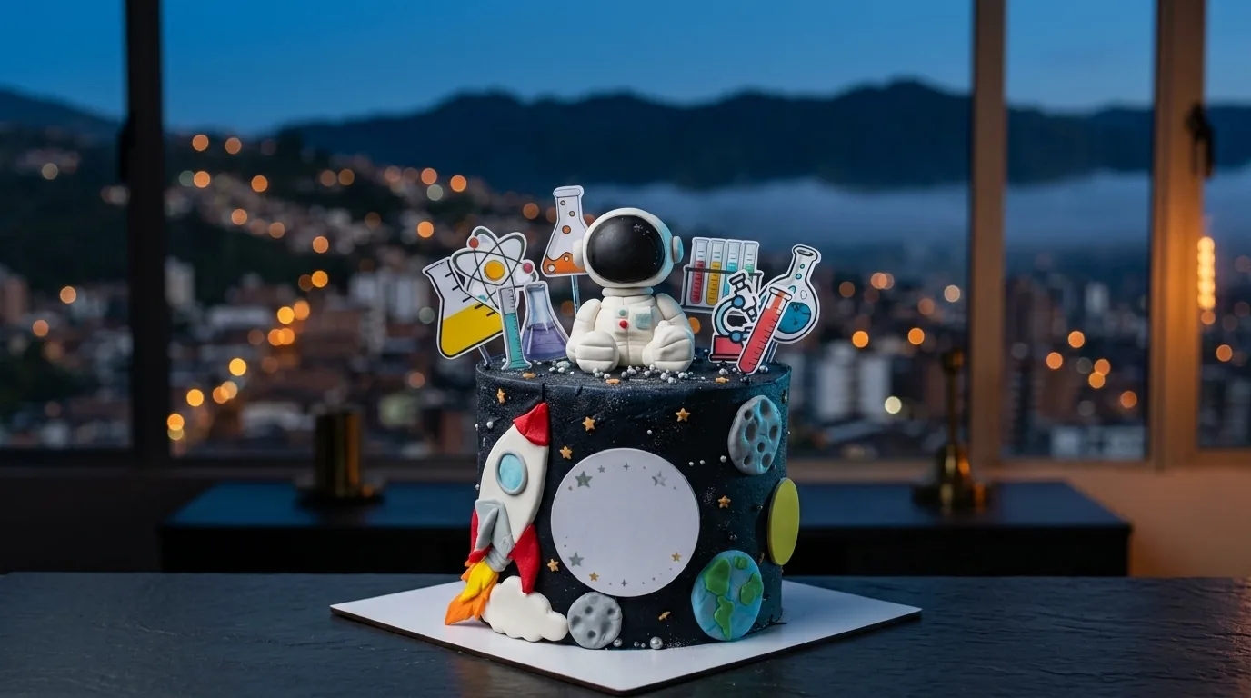 Torta infantil espacial con cohete y astronauta en Manizales