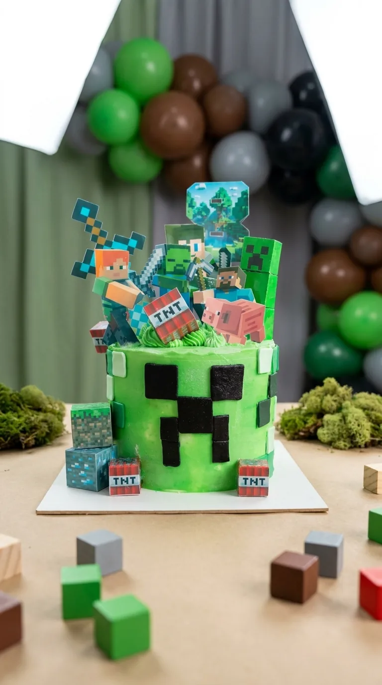 Torta gamer verde pixelada para cumpleaños infantil en Manizales