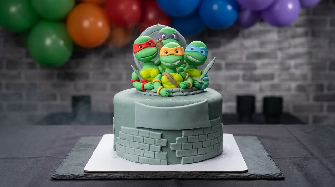 Torta infantil con tortugas verdes en fondant en Manizales