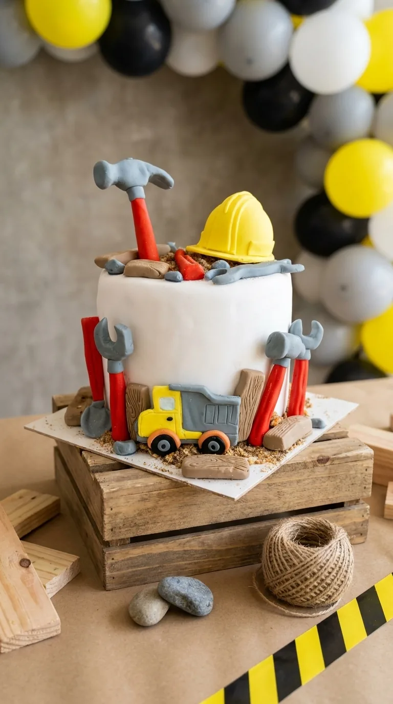 Torta temática de construcción para cumpleaños infantil en Manizales