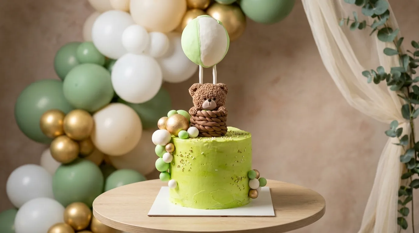 Torta verde de baby shower con osito aerostático en Manizales